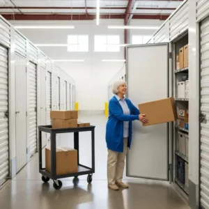 Ground-level storage unit with wide aisles, illustrating accessibility features for seniors retrieving items