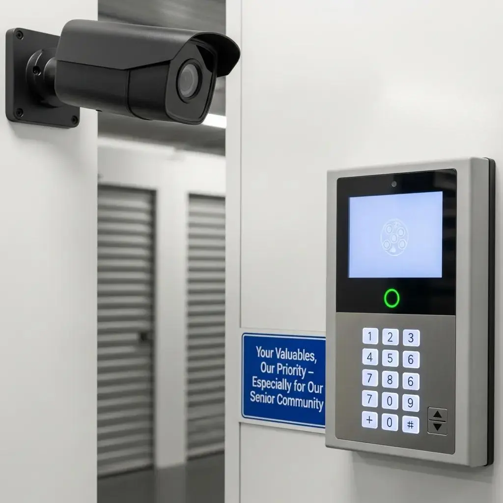 Modern storage facility security features including CCTV and access control, ensuring safety for elderly belongings