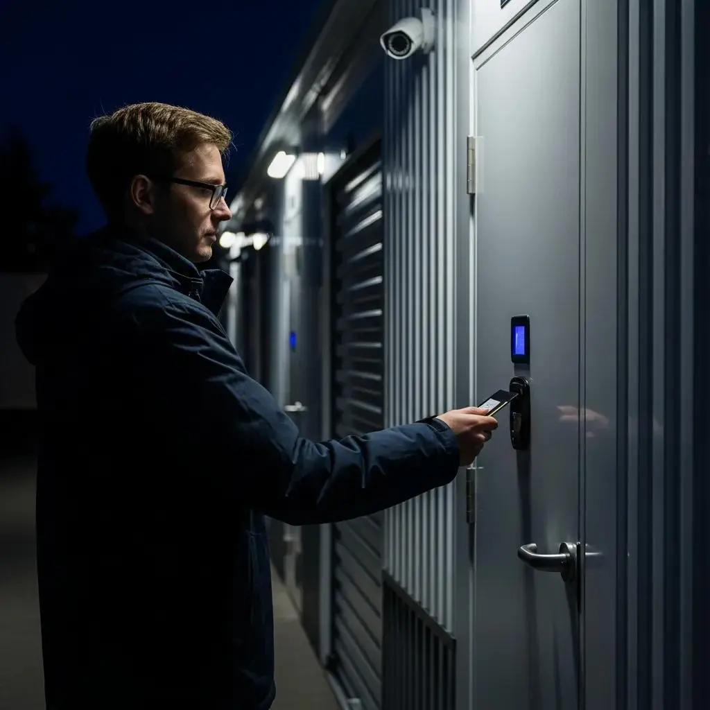 Person accessing a self storage unit at night, showcasing security features
