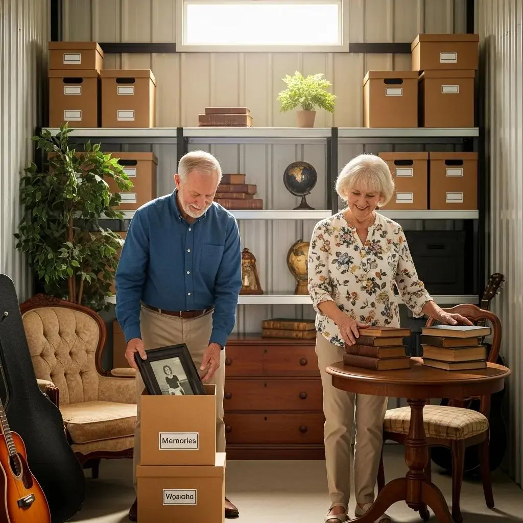 Senior couple organizing belongings in a spacious storage unit, highlighting secure and accessible storage solutions
