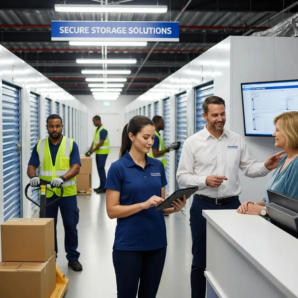 Diverse employees at a self-storage facility, including a manager, sales representative, and logistics worker, illustrating job creation opportunities