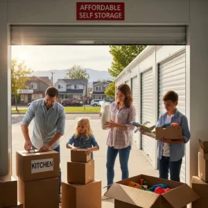 Family using an affordable self-storage unit during a move, highlighting the importance of accessible storage solutions for local communities