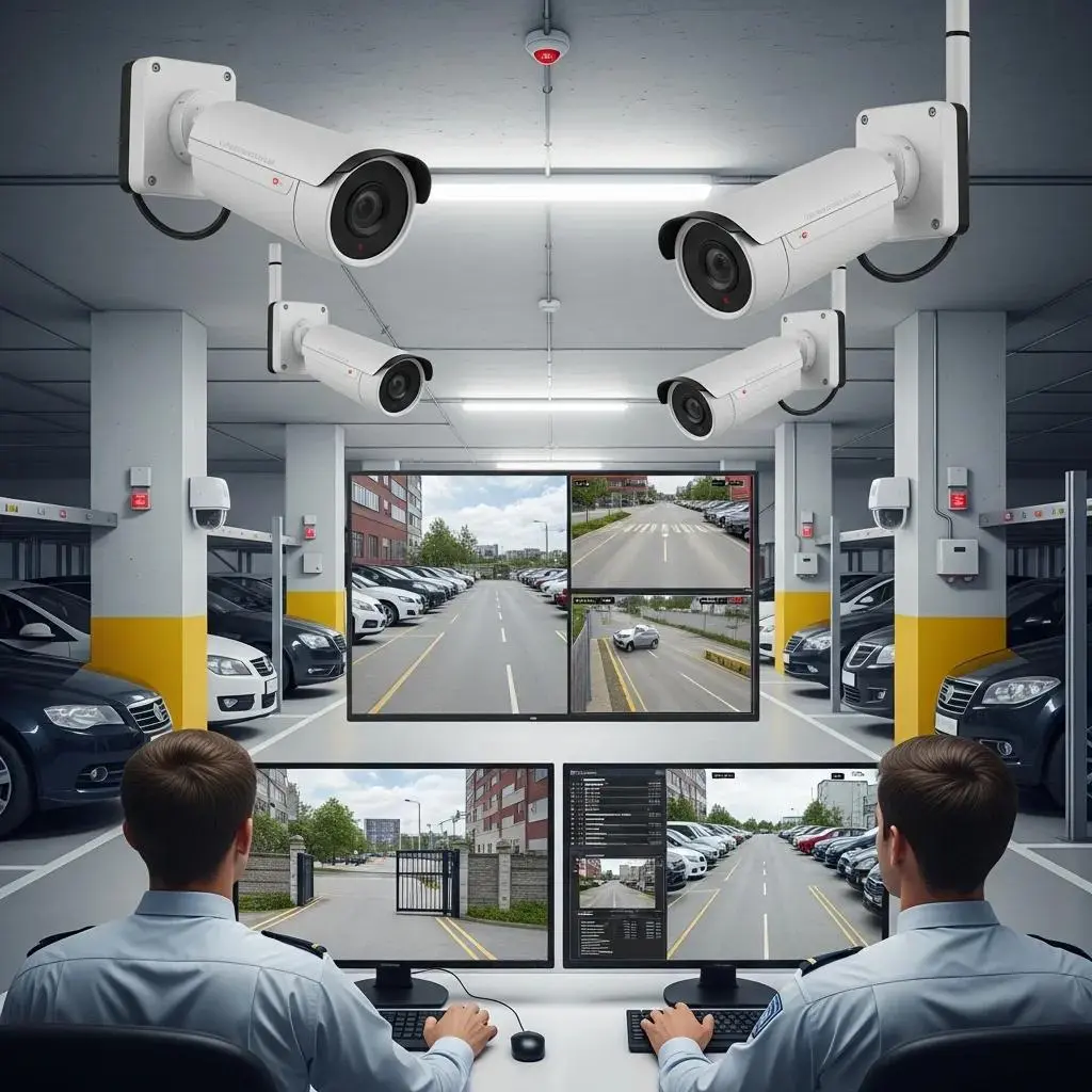 High-tech security system in vehicle storage with CCTV and alarms