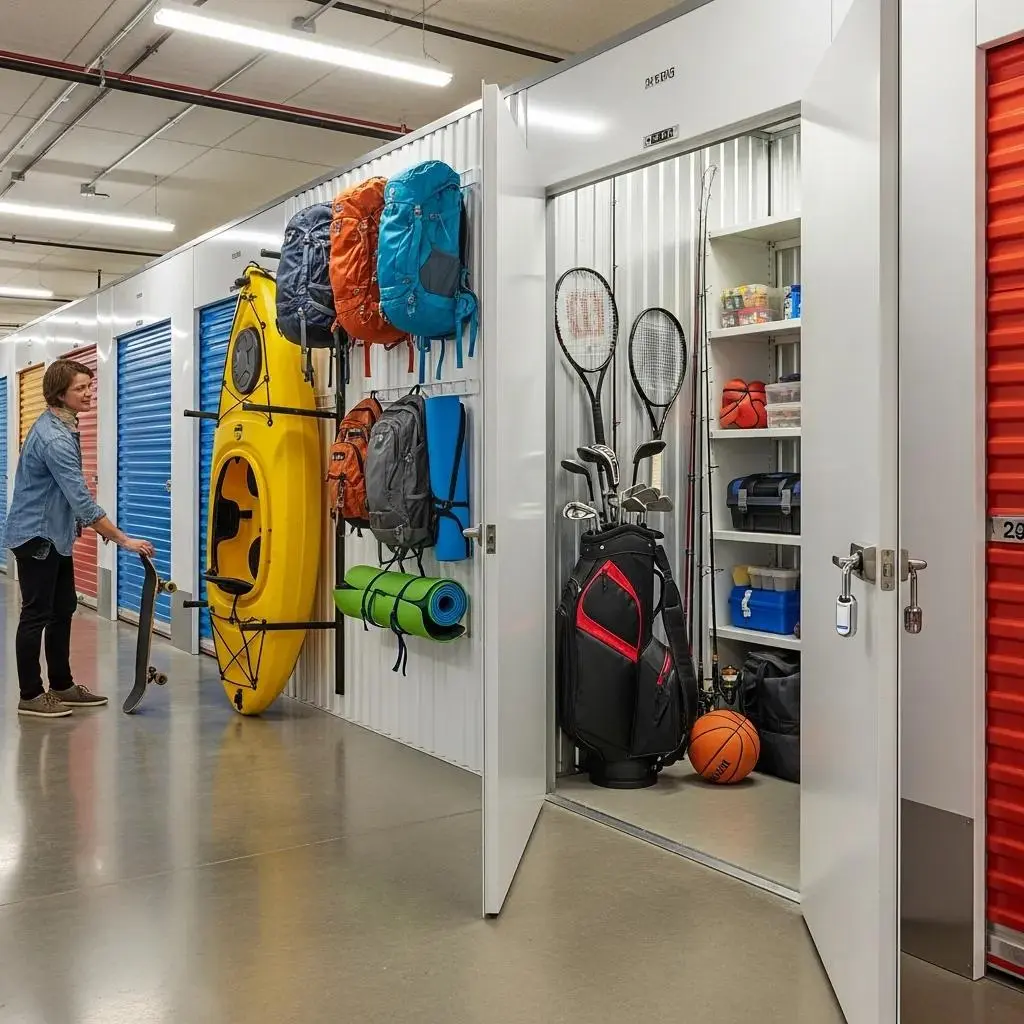 Secure self-storage facility with organized hobby equipment and sports gear
