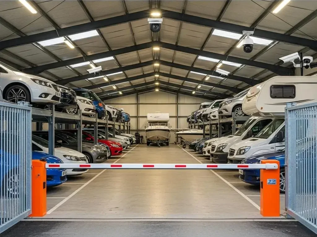 Secure vehicle storage facility in Leicestershire with cars, boats, and RVs