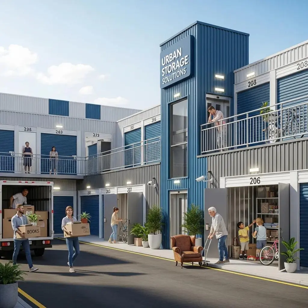 Self-storage facility in an urban area with diverse individuals accessing units, highlighting convenience and community impact
