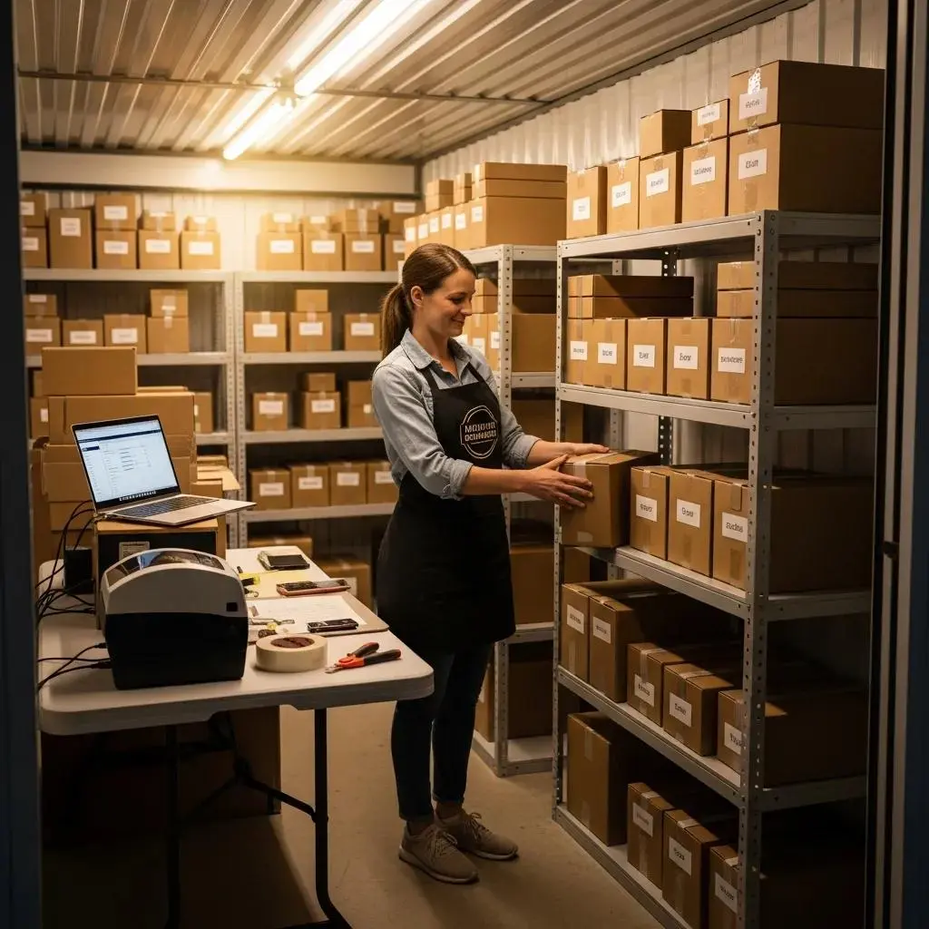 Small business owner organizing inventory in a self-storage unit, highlighting efficiency and growth