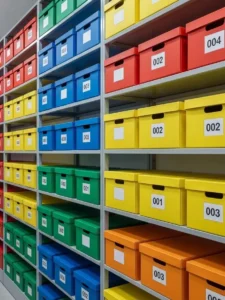 Color-coded storage boxes with numbering system for optimized labeling