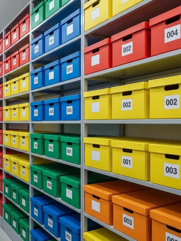 Color-coded storage boxes with numbering system for optimized labeling