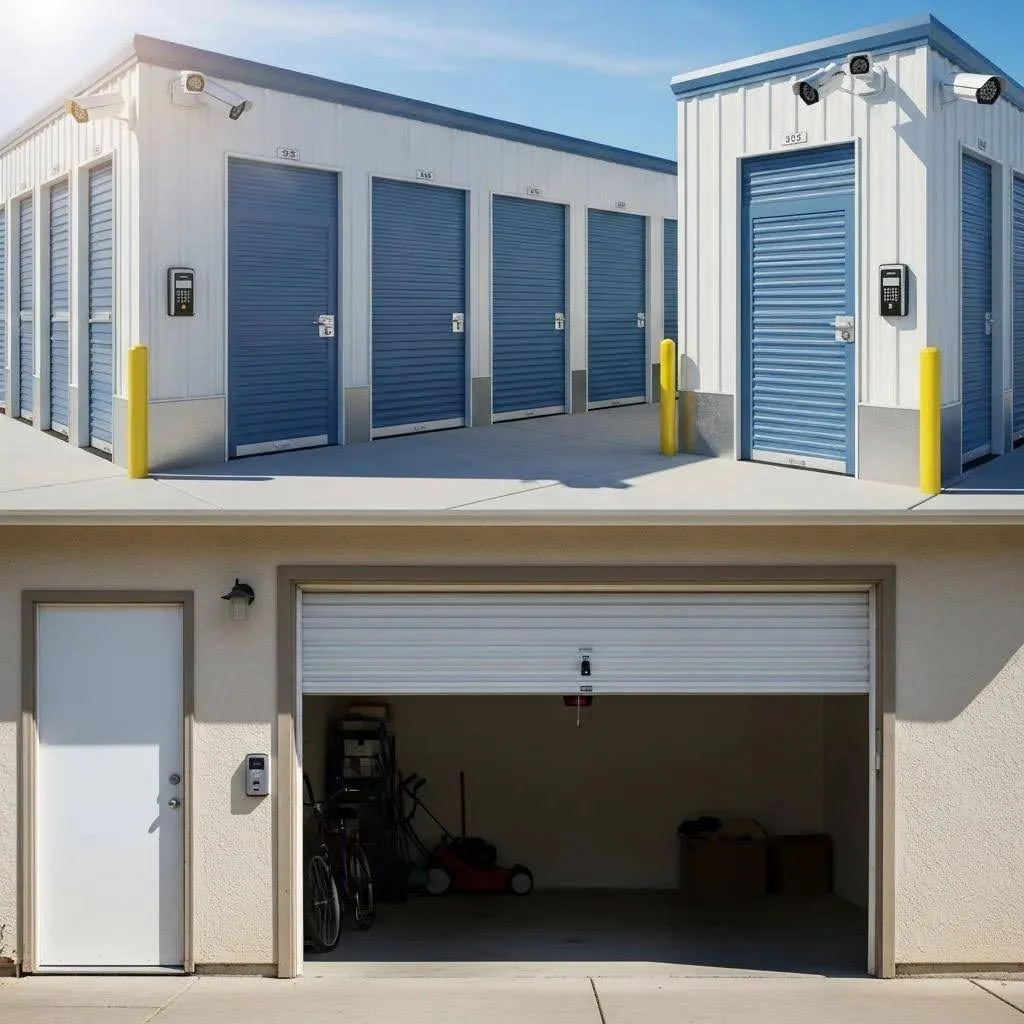 Comparison of a secure self storage facility and a basic garage highlighting security features