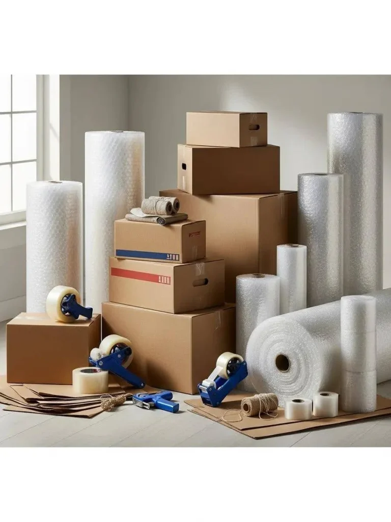 Diverse packing materials for storage including boxes, bubble wrap, and packing paper