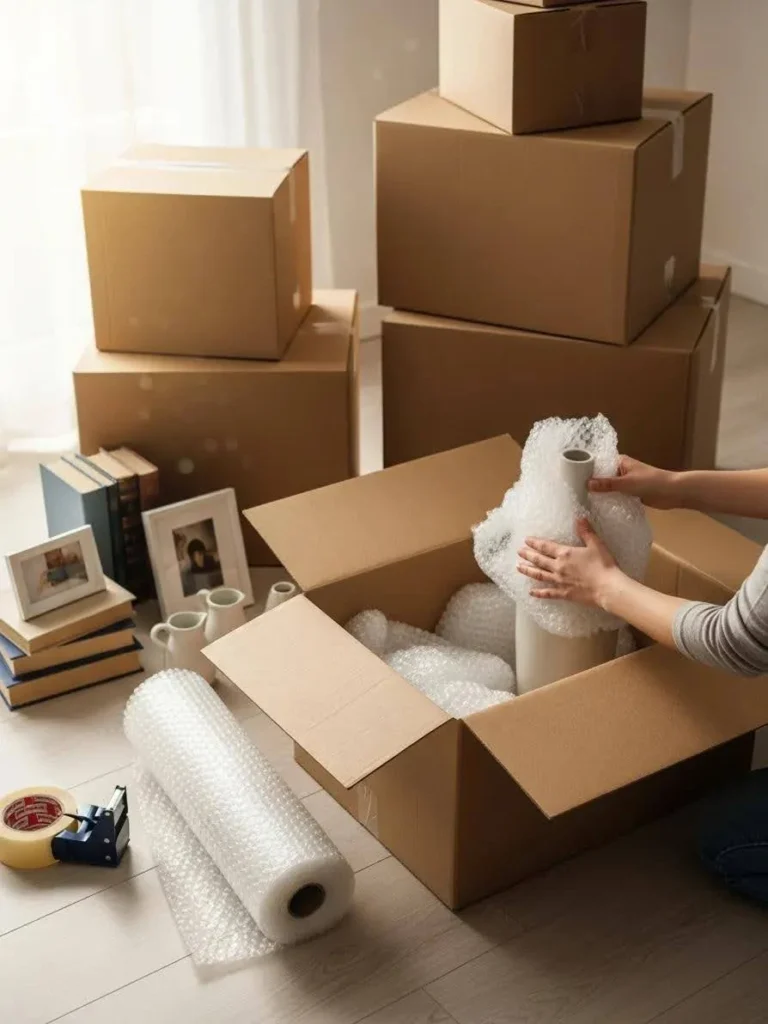 Durable packing materials including heavy-duty boxes and bubble wrap in a home setting