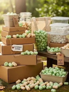 Eco-friendly packing materials including biodegradable peanuts and recycled boxes