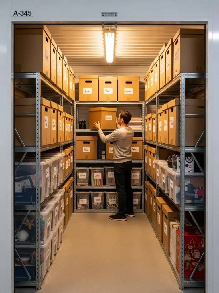 Organised self-storage unit with neatly arranged boxes and shelving for efficient space management