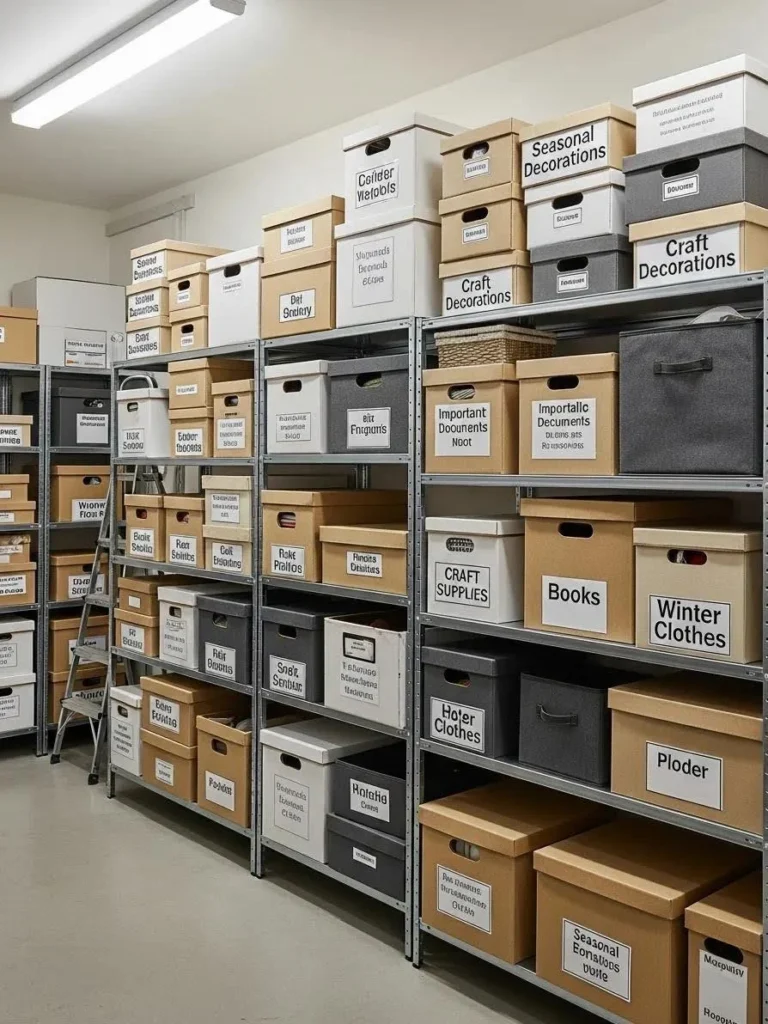 Organized storage area with labeled boxes enhancing inventory management