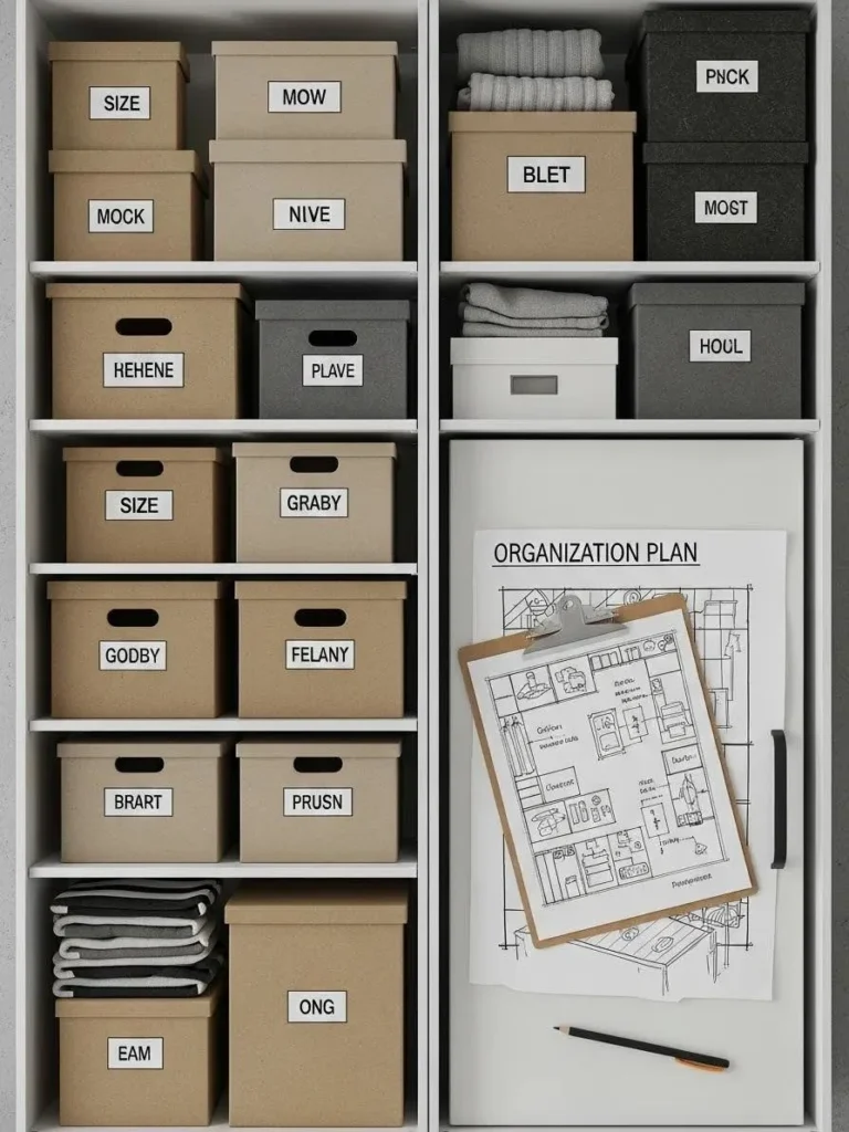 Overhead view of a planned storage unit layout with categorized items for optimal organisation