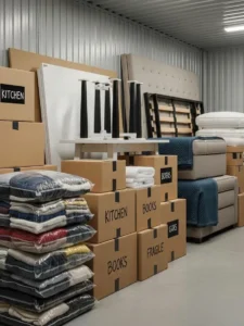 Packing methods for storage including vacuum bags, stacked boxes, and disassembled furniture