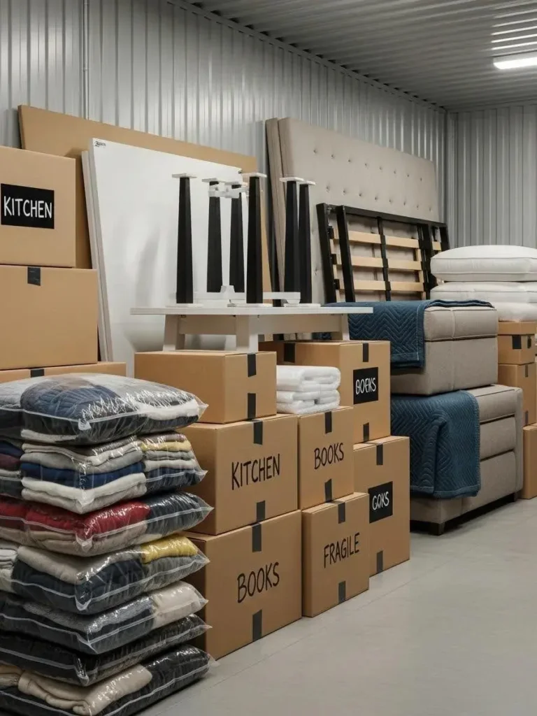 Packing methods for storage including vacuum bags, stacked boxes, and disassembled furniture