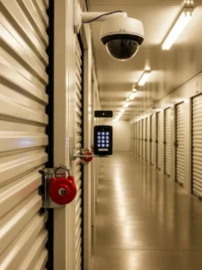 Security features in a self-storage facility including CCTV and keypad entry for enhanced protection