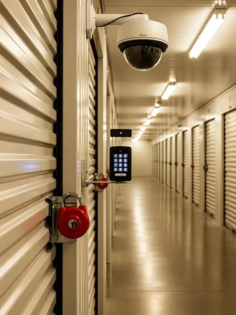 Security features in a self-storage facility including CCTV and keypad entry for enhanced protection